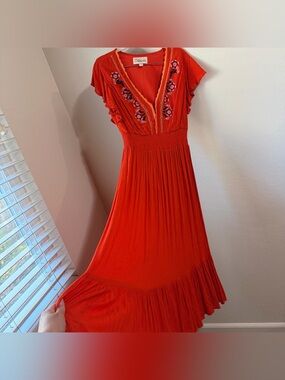 Cleobella Amery Embroidered Maxi Dress Coral Red Boho Flutter Sleeve Small